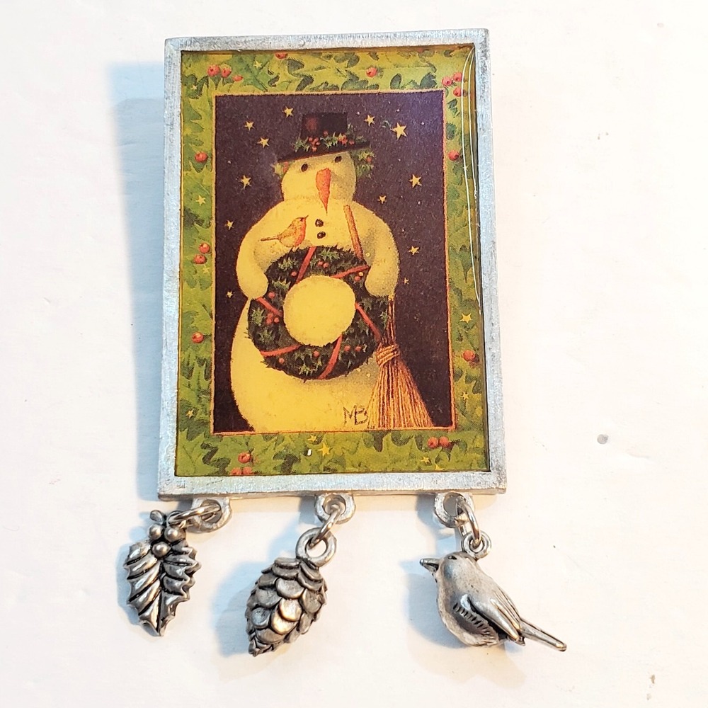 Vtg Signed Marjolein Bastin Enamel Lacquer Winter Snowman Dangle Charms Brooch